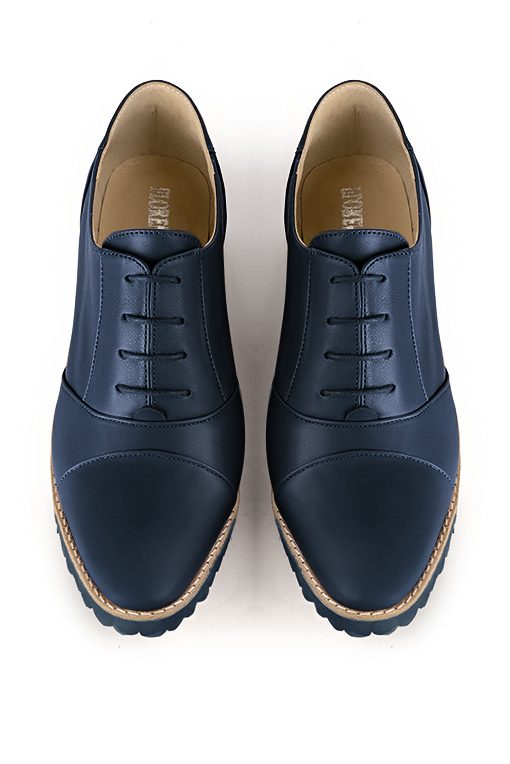 Navy blue women's casual lace-up shoes. Round toe. Flat rubber soles. Top view - Florence KOOIJMAN